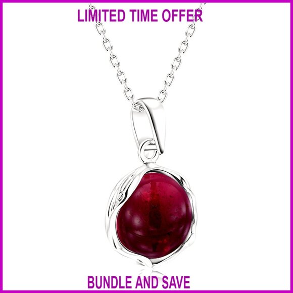 12mm Garnet Pendant Necklace 925 Sterling Silver Cable Chain 45cm January